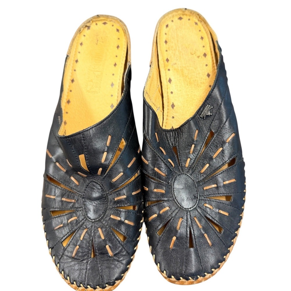 Pikolinos Womens Leather Wedge Mules Spain Laser Cut Whipstitch Size 38(7.5-8)